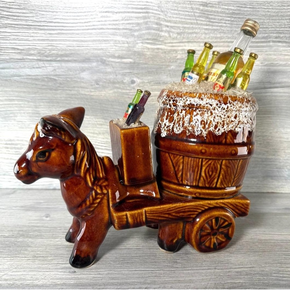 Vtg San Marcos Pottery Donkey Cart Alcohol Barware Advertising Mid Century 1950s